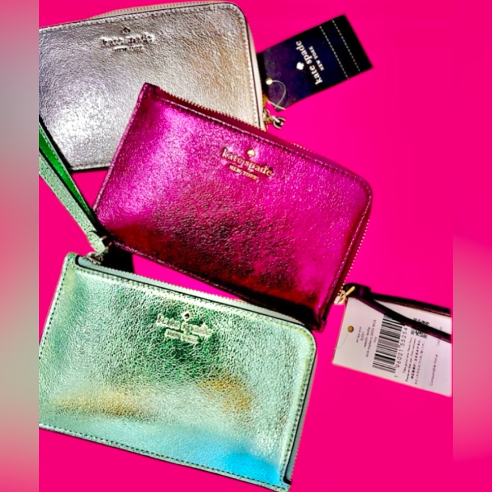 Kate spade NWT Metallic Leather Wristlet Lucy CHOOSE silver/Raspberry/Se…